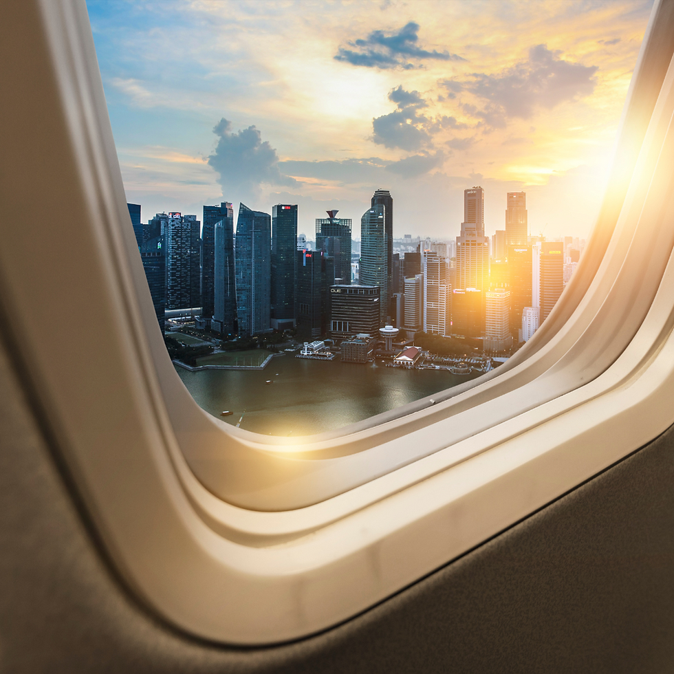 View of morning sunrise over large city skyline through small airplane window