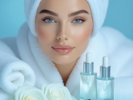 Woman wrapped in white towel and robe with glowing skin, surrounded by roses and skincare bottles, promoting organic facials at Nousha’s Hair Studio in Mequon.