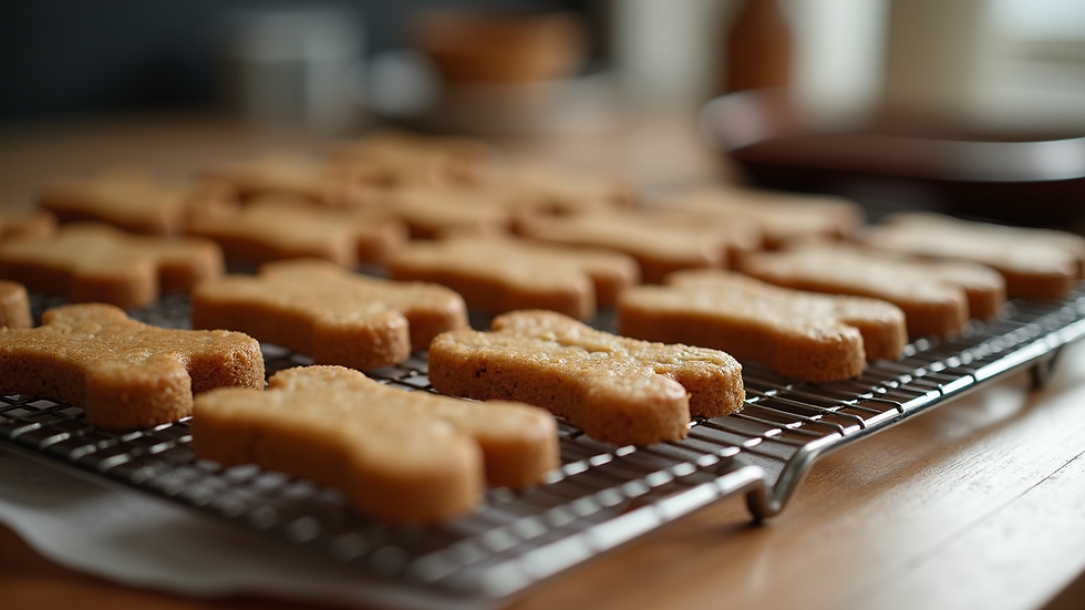 High angle view of freshly baked dog treats cooling on a kitchen counter