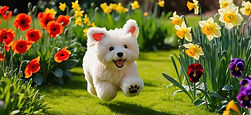A fluffy whiteTeddy Bear dog joyfully running through a lush green garden, surrounded by c