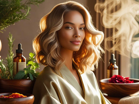 Woman with voluminous blonde waves in a spa-like setting surrounded by herbal oils and botanical ingredients at Nousha’s Hair Studio, Mequon.