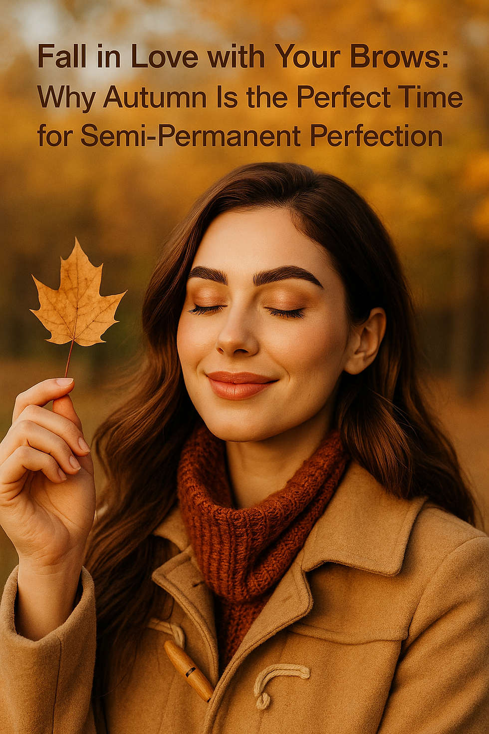 Confident woman with perfect autumn brows smiling joyfully in a cozy fall outfit, holding golden leaves—radiating warmth and seasonal glow.