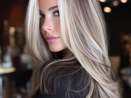 Blonde balayage hair color with layered haircut, long flowing style created at Nousha’s Hair Studio in Mequon, WI.