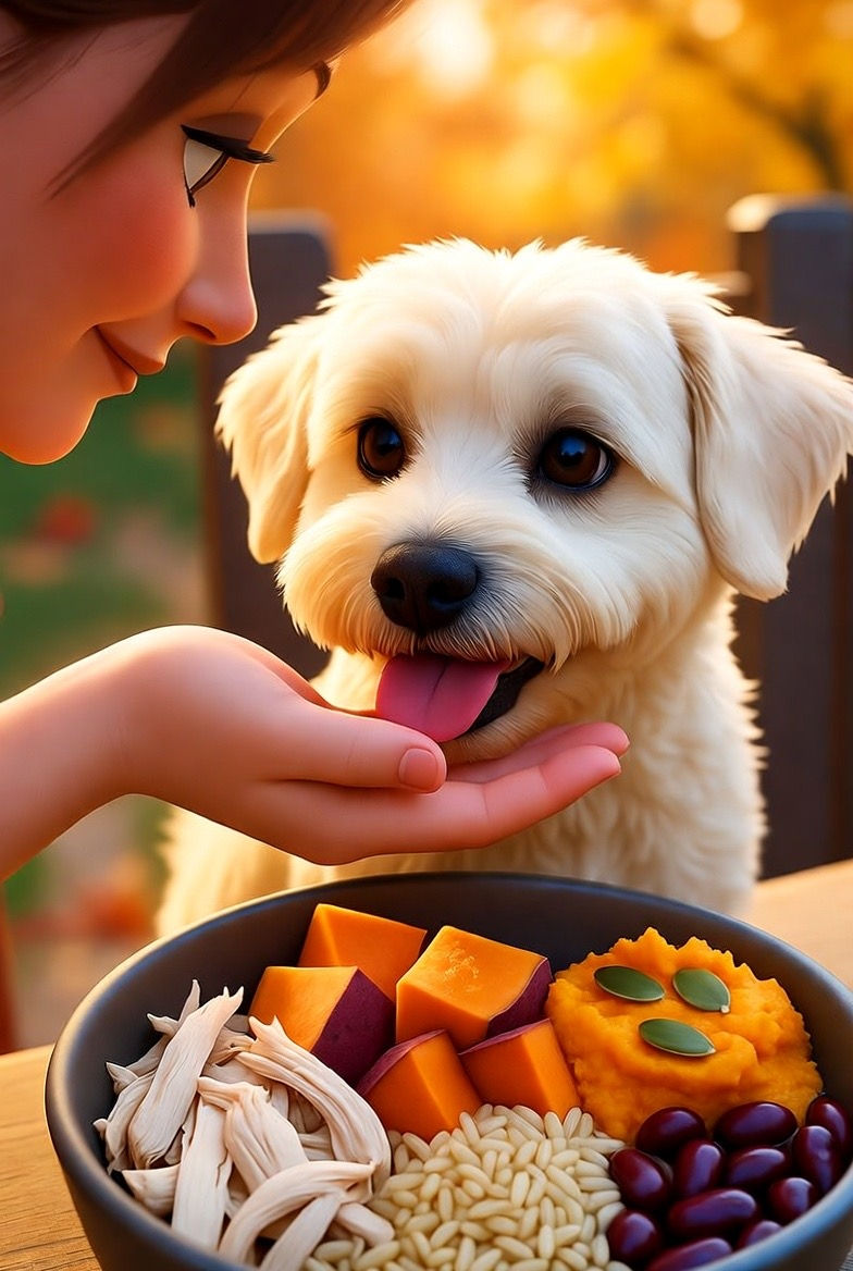 A sweet Pixar-style image of a woman hand-feeding her fluffy white dog a healthy homemade meal with sweet potatoes, shredded chicken, beans, and pumpkin — surrounded by fall colors