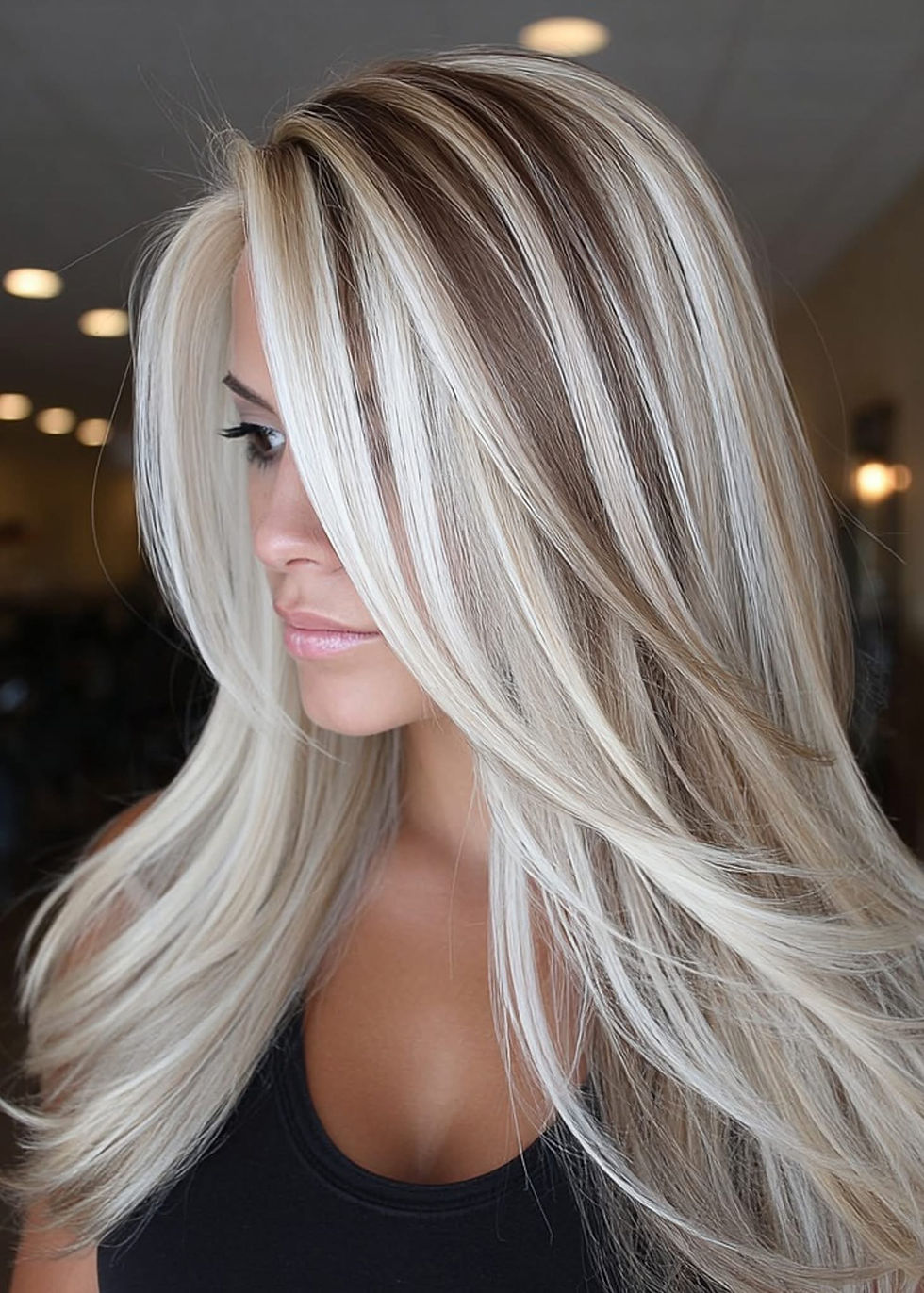 Blonde woman with layered hair and fresh platinum highlights after salon visit in Cedarburg, WI at Nousha’s Hair Studio.