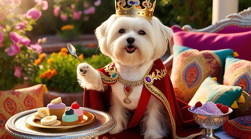 A fluffy white dog (Maltese), dressed as a royal with a golden crown and ornate cape, sitt