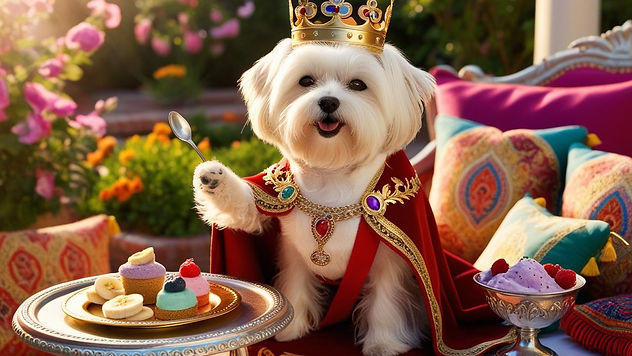 A fluffy white dog (Maltese), dressed as a royal with a golden crown and ornate cape, sitt