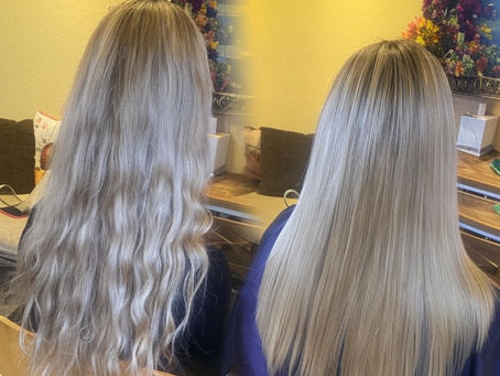 Before and after photo of a blonde hair smoothing treatment at Nousha’s Hair Studio in Mequon, showing transformation from wavy, frizzy hair to sleek, shiny straight hair.
