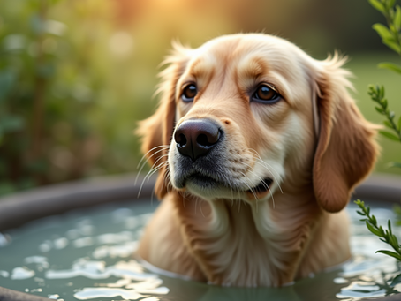 A beagle dog enjoying a herbal bath in a natural wooden tub outdoors