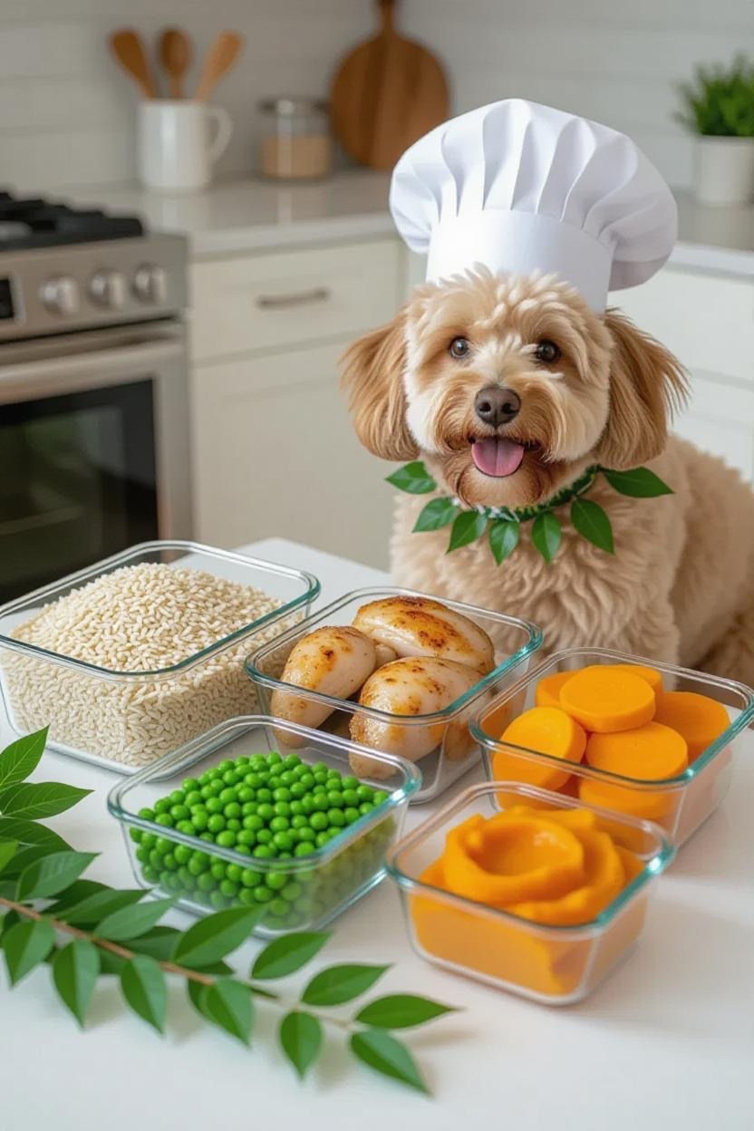 Adorable tan chef dog with a white chef hat, smiling next to fresh chicken, pumpkin, peas, and rice ingredients in a modern white kitchen.