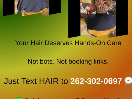 Before and after haircut showing dramatic hair transformation with volume and healthy shine at Nousha’s Hair Studio in Thiensville, WI.