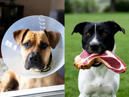 Split image showing two dogs: on the left, a sad-looking brown dog wearing a plastic cone inside a home; on the right, a happy black-and-white dog sitting on grass holding a large raw meat bone in its mouth.