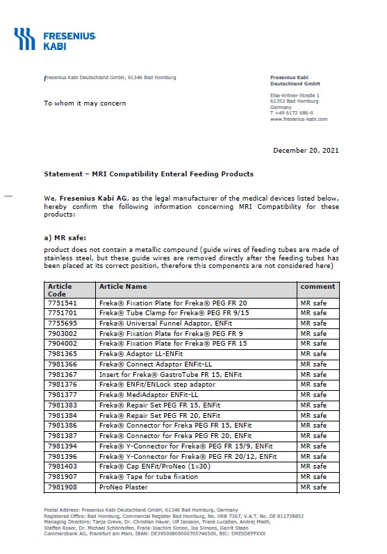 Statement on MRI use of various Freka EN products