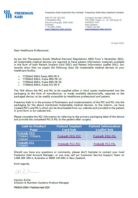 Healthcare Professional letter on patient implantable devices