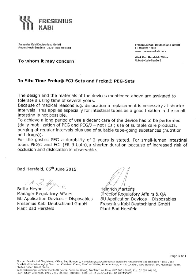 Statement on in situ time Freka FCJ and Freka PEG sets
