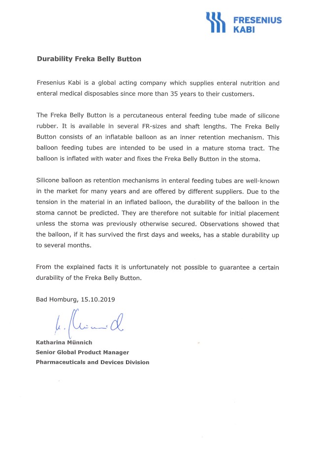 Statement on durability of Freka Belly Button