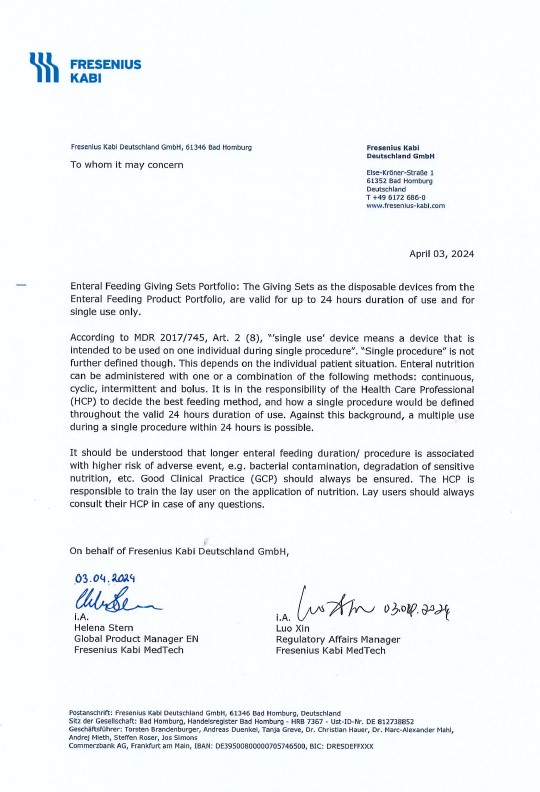 Statement on multiple use of EN giving sets