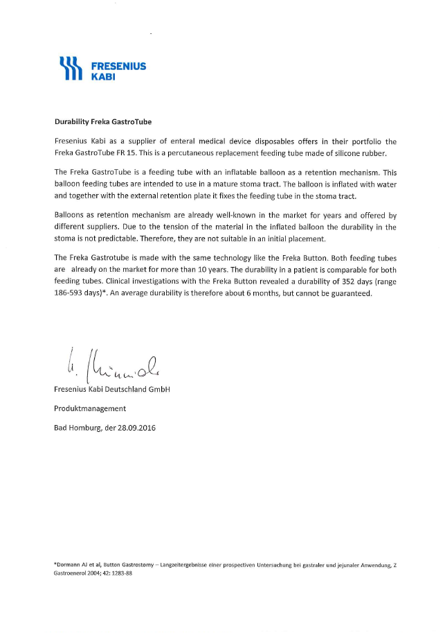 Statement on durability of Freka GastroTube