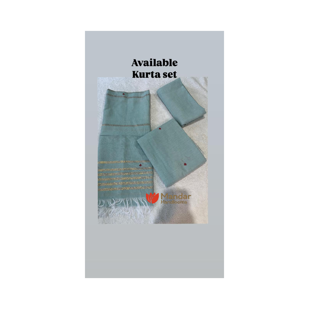 Unstitched Sea Green Cotton Handloom Kurta Set Fabrics By Mandar Handloom