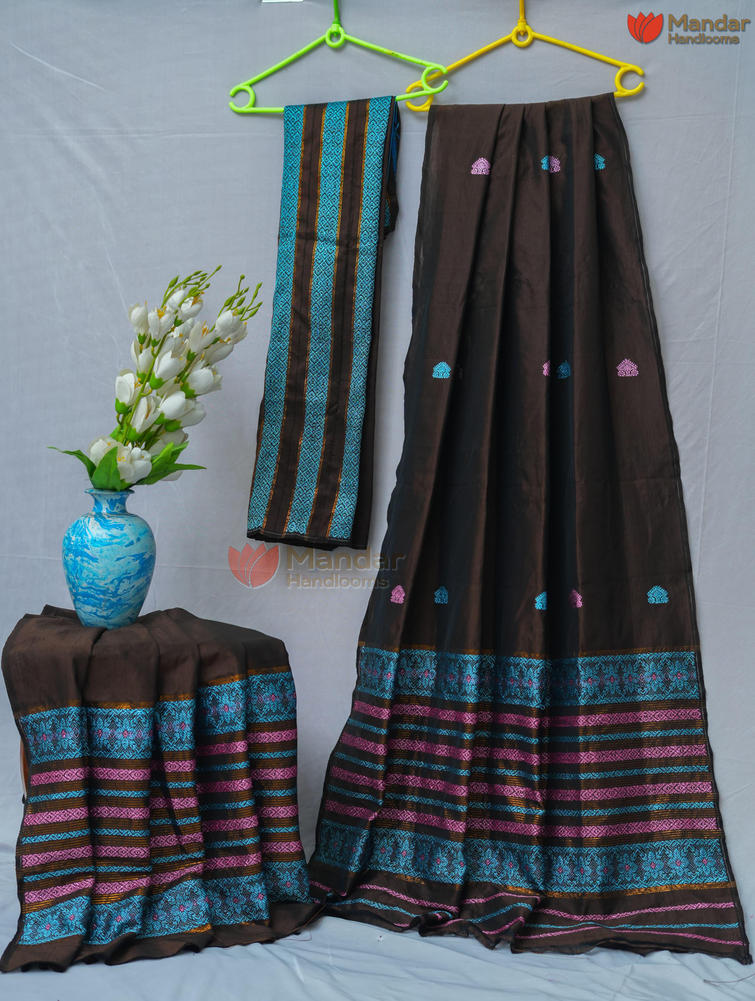 Coffee Padmini Handloom Mekhela Sador Sky Blue Pink buta by Mandar Handloom