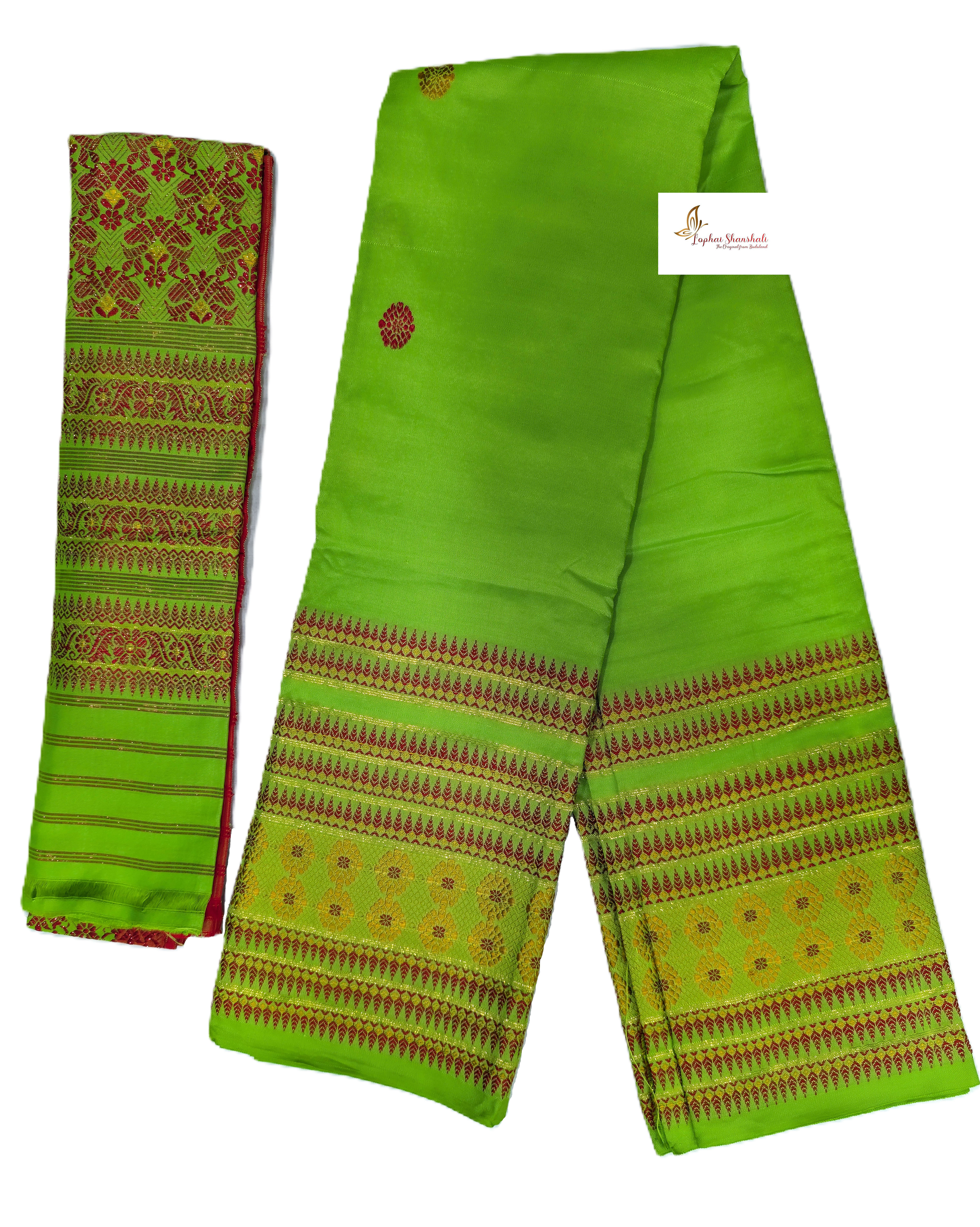 Parrot Green Padmini Handloom Dokhona with Red Golden Hill Buta by Lophai