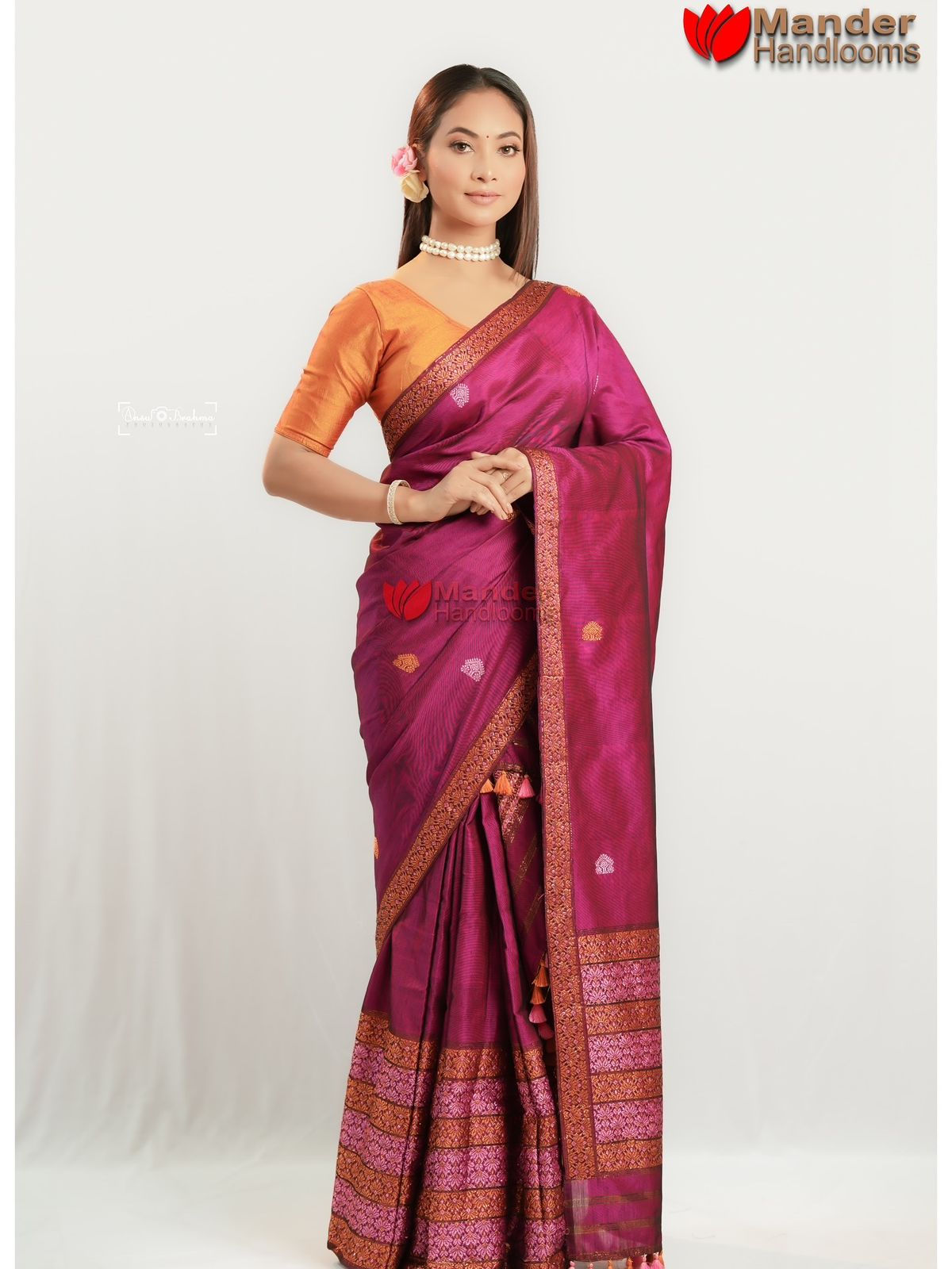 Dark Pink Padmini Handloom Mekhela Sador Light Pink Golden by Mandar Handloom