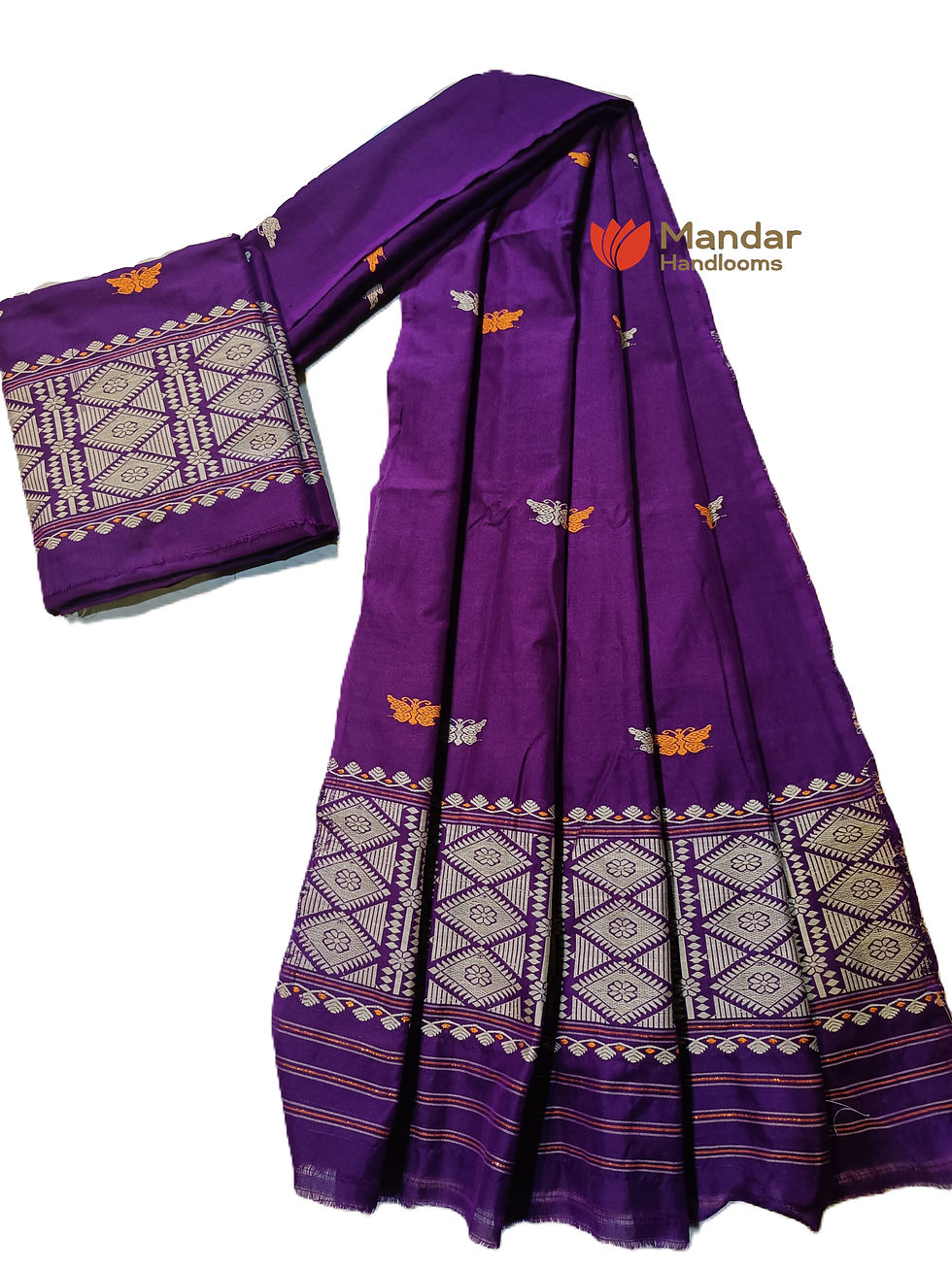 Thumbnail: Purple Padmini Handloom Mekhela Sador Cream Golden Yellow Bta by Mandar Handloom