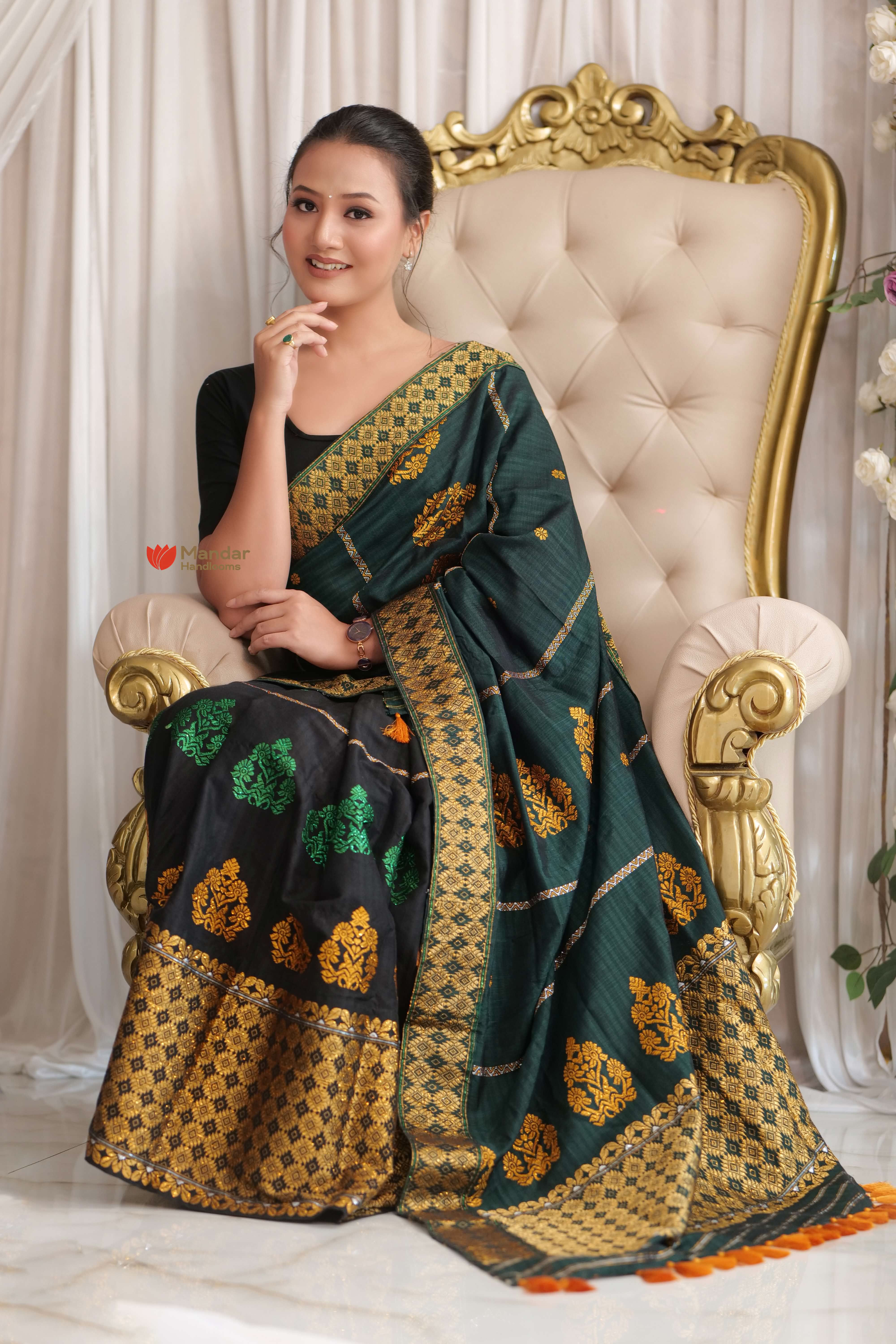 Black Green Padmini Handloom Mekhela Sador Golden Flower by Mandar Handloom