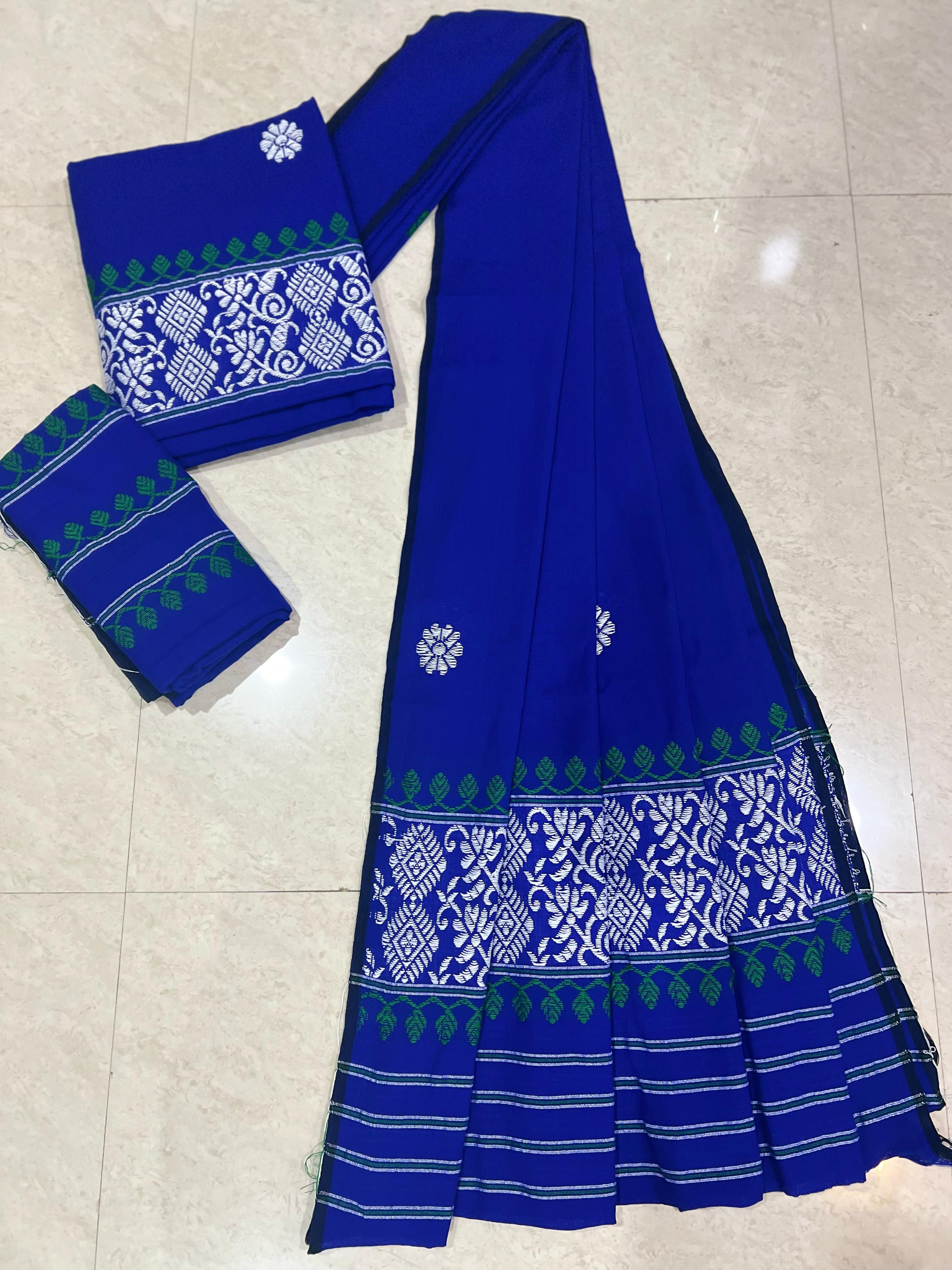 Swess Pat Blue Handloom Mekhela Sador with White Green Buta by Mandar