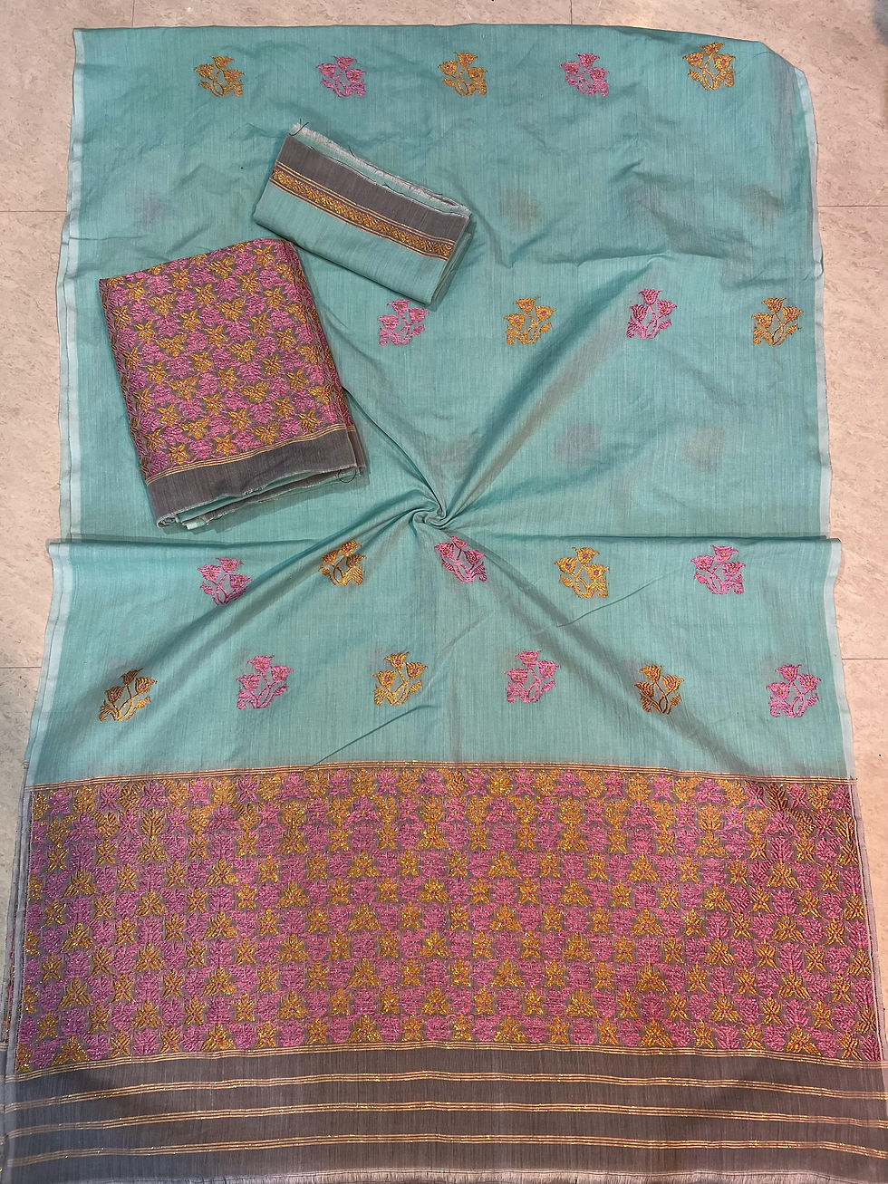 Thumbnail: Swess Pat Light Green Handloom Mekhela Sador with Golden Red Buta by Mandar