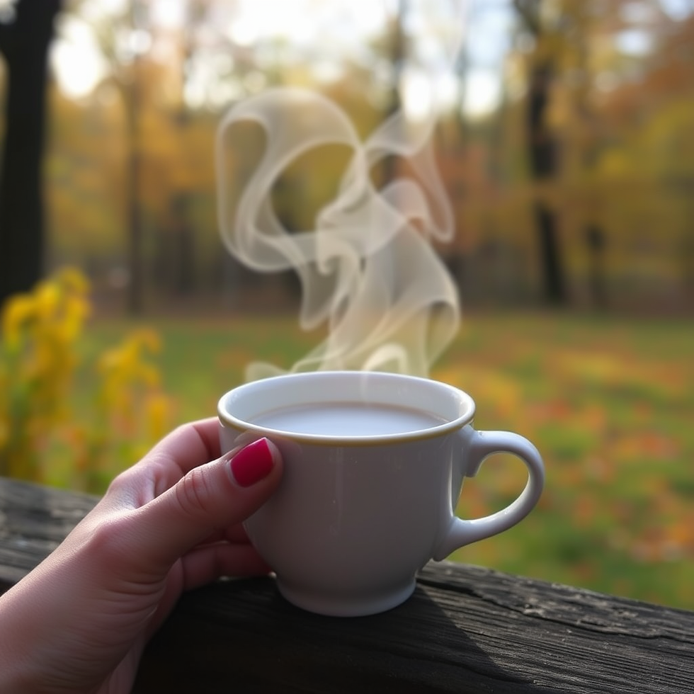 A cup with steam coming out of it with the background of a meadow