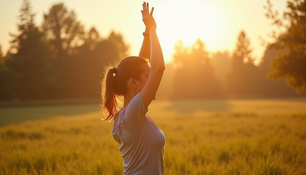 A women standing in a field with her arms above her head