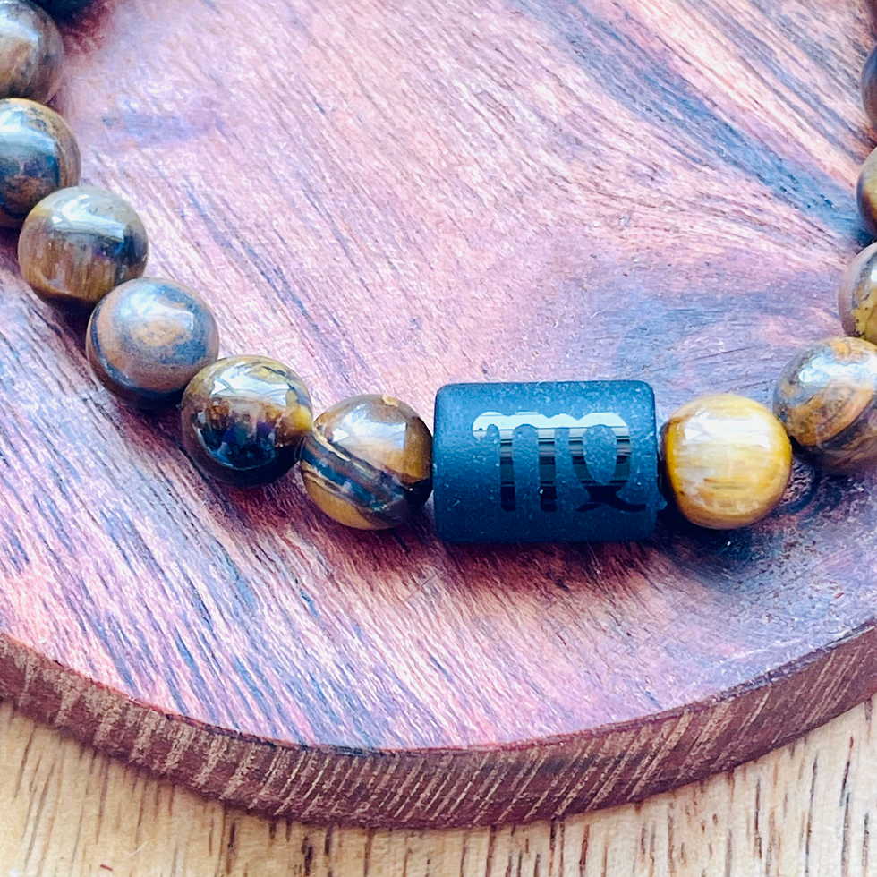 Thumbnail: Zodiac Tiger Eye and Black Oynx stretch bracelet