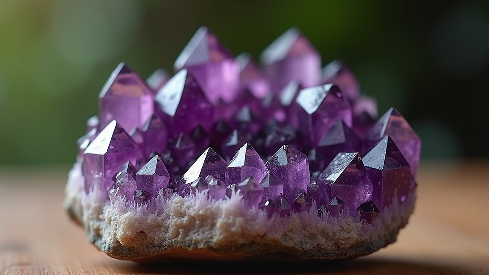 Close-up view of amethyst crystal cluster on a wooden surface