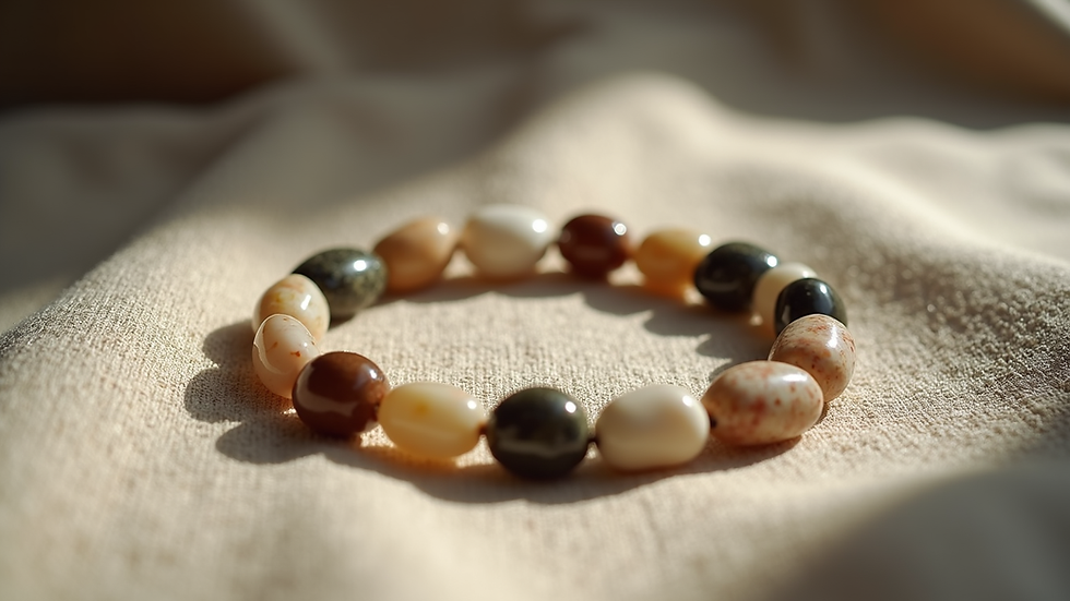 Eye-level view of a crystal circle with various stones arranged in a circle on a natural fabric