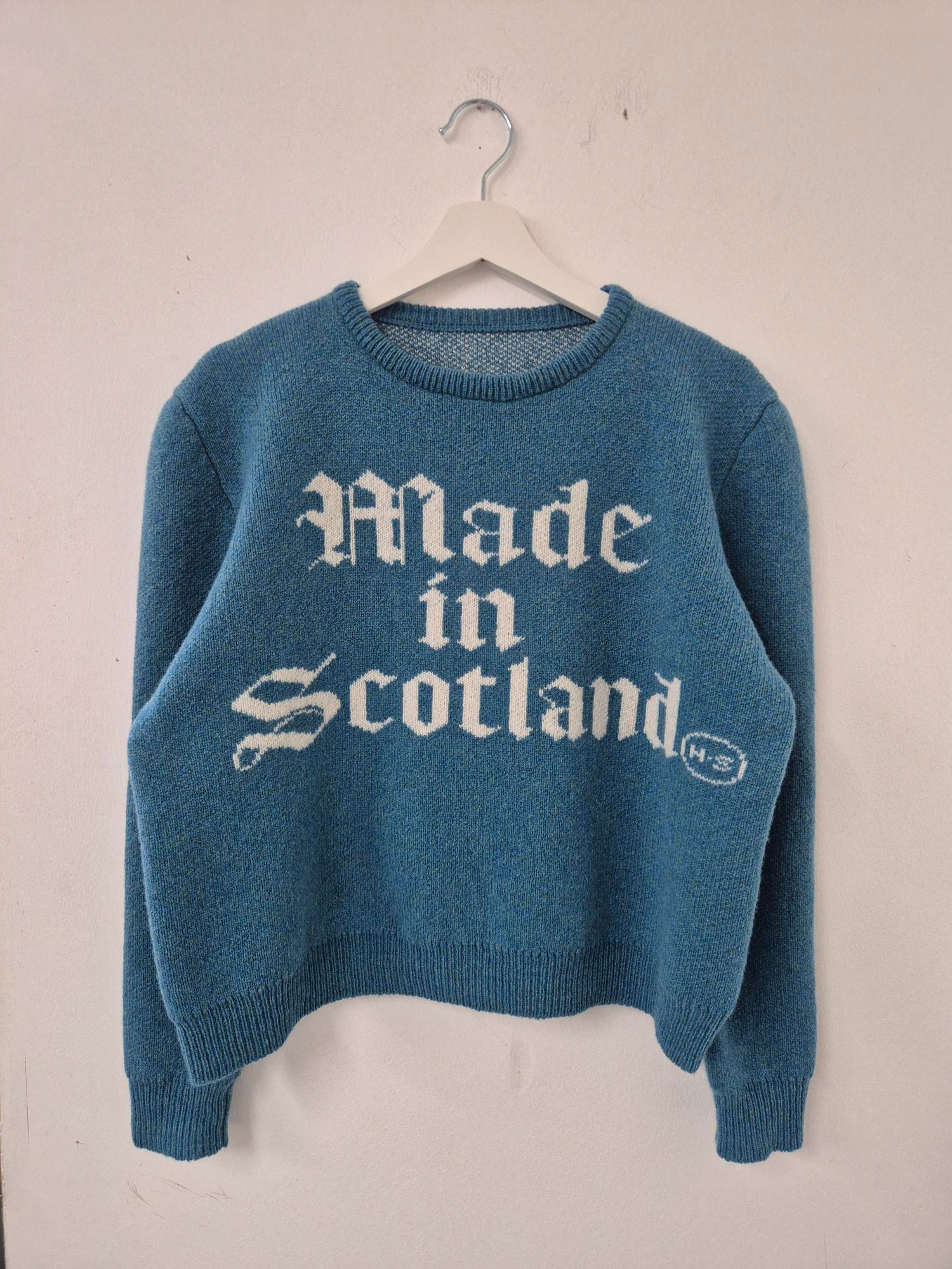 H.S Made in Scotland Teal/Ecru Knitted 100% Wool Sweater