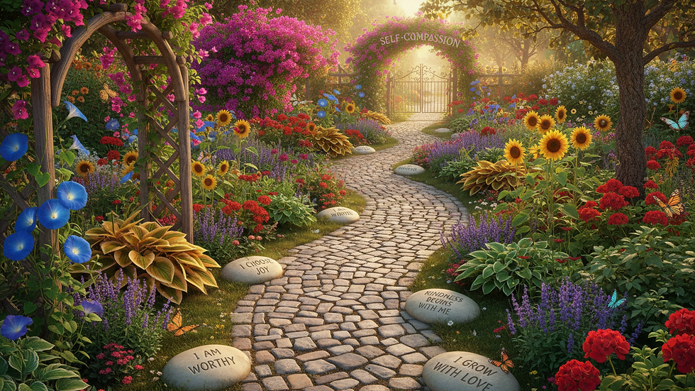 High angle view of a winding garden path surrounded by lush greenery