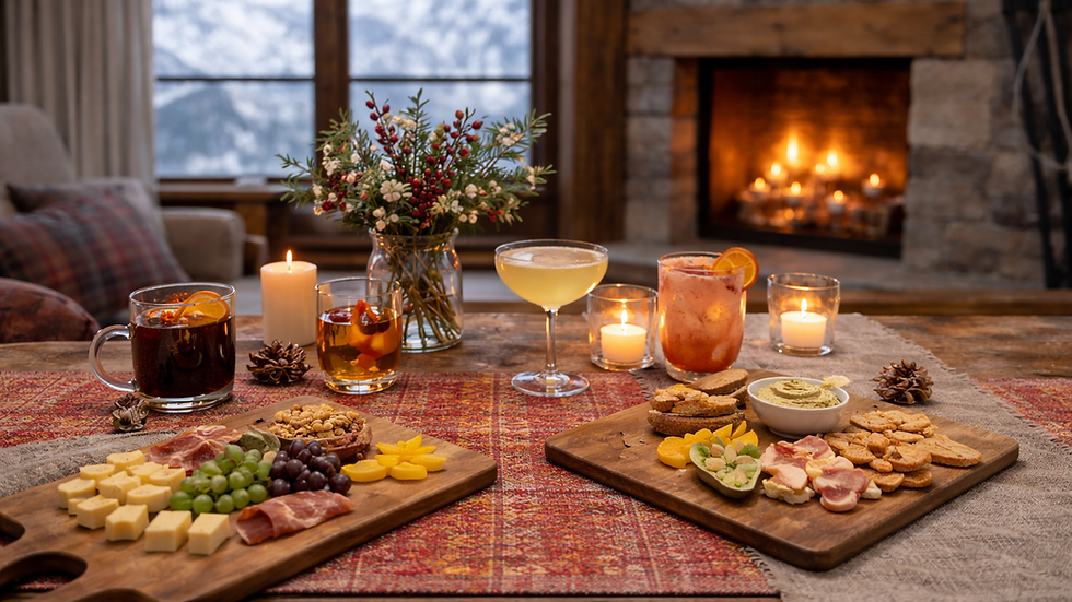 Cozy setting with a fireplace, drinks, and cheese platters on a wooden table. Candles lit and a snowy mountain view outside.