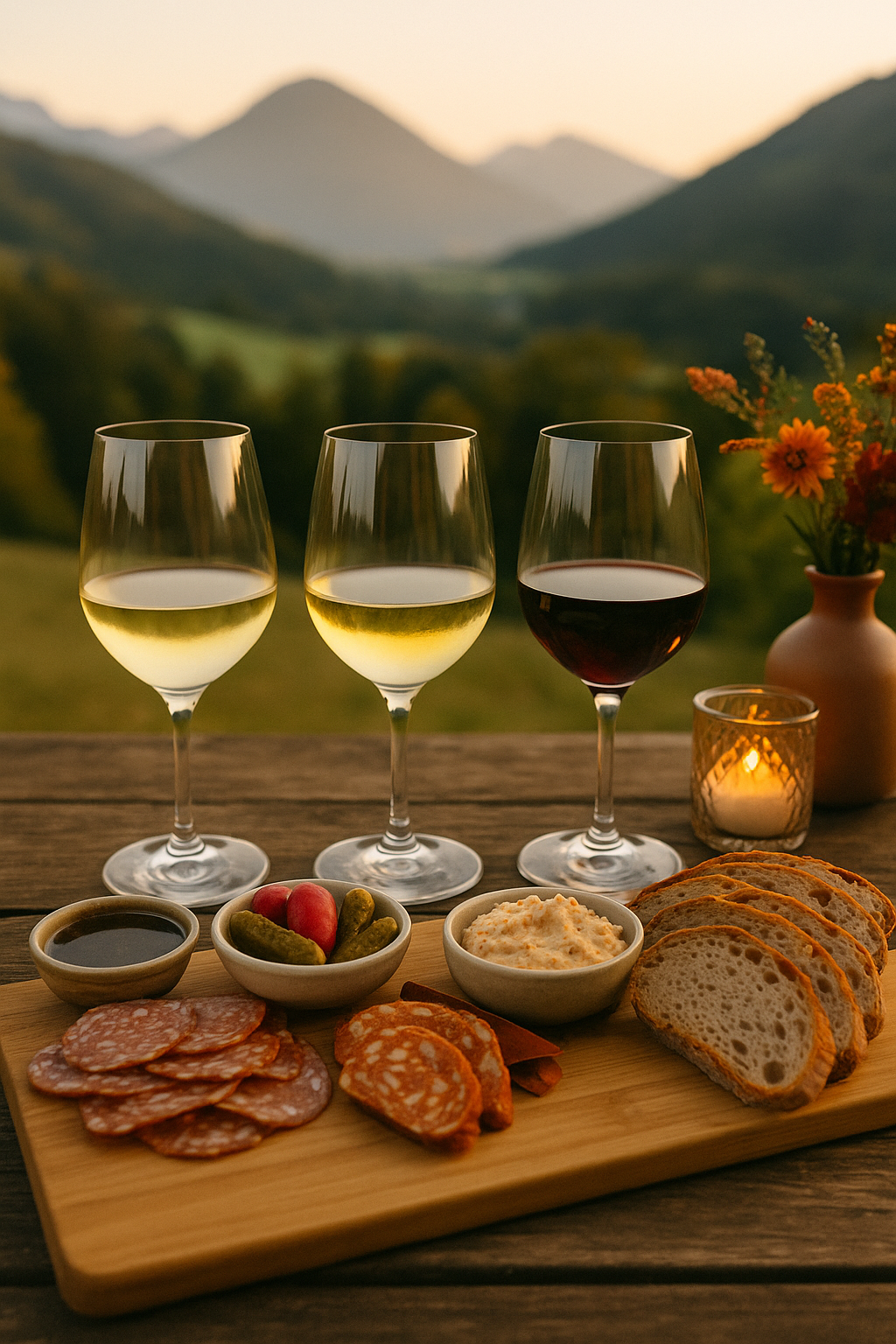 Golden Hour in the Alps – Austrian wine tasting at home with a cozy Salzburg-inspired setup.