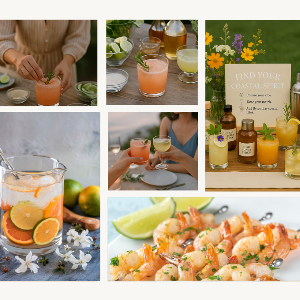 Collage of cocktails and shrimp. Find your coastal spirit. Saltwater & Spirits - Byron Bay + Santa Barbara