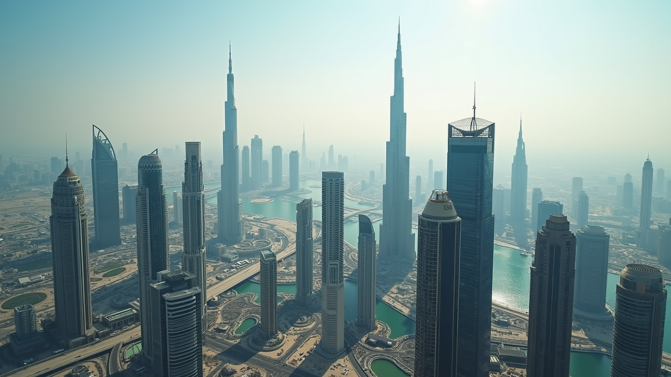 High angle view of Dubai skyline with modern skyscrapers
