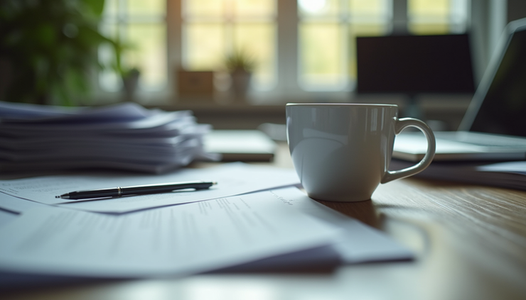 Eye-level view of a cluttered desk with scattered papers and a half-empty coffee cup