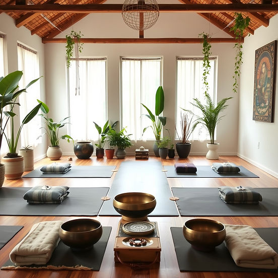 beautiful sound bath set up with mats, folded blankets, and Tibetan singing bowls and lots