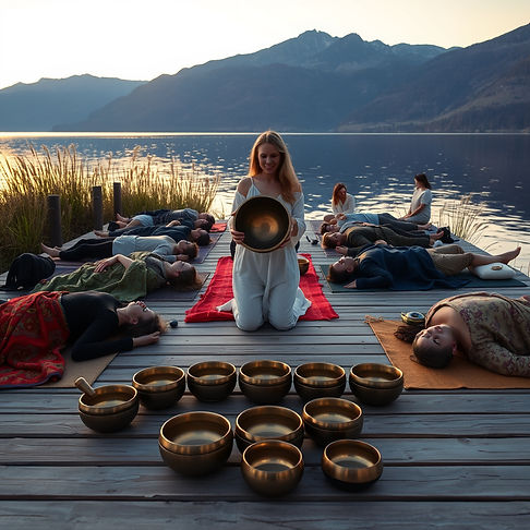 group sound bath with many people lying down on their backs,, lying on mats covered with b