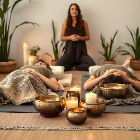 two people lying down on meditation mats cover with blankets experiencing a sound bath wi
