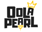 Oola Pearl's logo. Dynamic, chunky black lettering adorned with graffiti style yellow crown and diamond