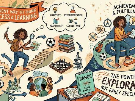 An illustrative infographic for the book "Range" by David Epstein, contrasting a path of diverse interests like sports, arts, and science on the left with a confident woman synthesizing multiple skills on the right. Large text highlights the value of exploration over early specialization, leading to achievement.