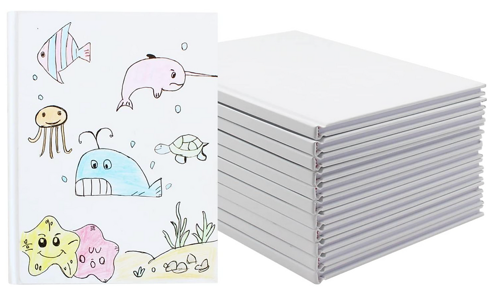 Cartoon sea creatures decorate a book cover next to a stack of blank white books. The playful design features fish, a whale, and more.