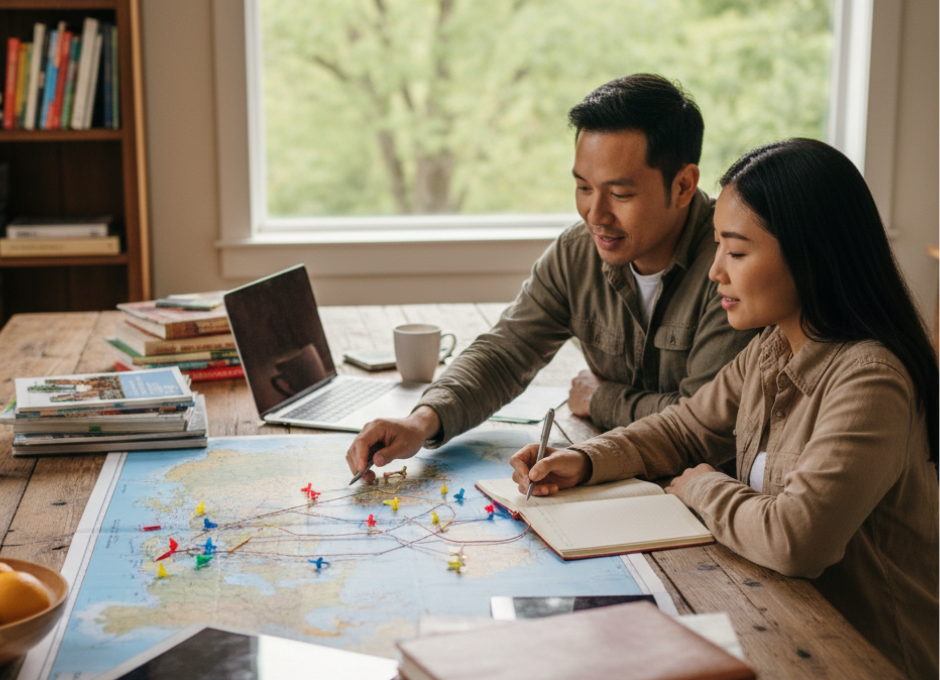 Two parents at a table, deeply engrossed in planning their worldschool trip