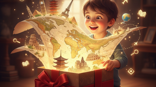 A child opening a gift box that reveals a vibrant world map unfurling, with landmarks and educational symbols popping out